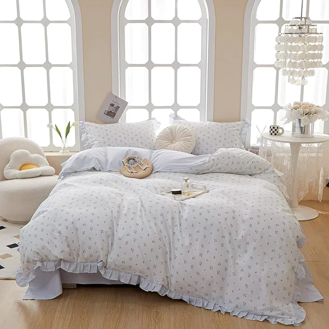 Outstanding HighBuy Blue Flower Comforter Set Full Ruffle Edge Comforter Fluffy with 2 Pillowcases Coquette Cottagecore Aesthetic Romantic Bedding Comforter Set for Girls Women 80 quot x90 quot Superior