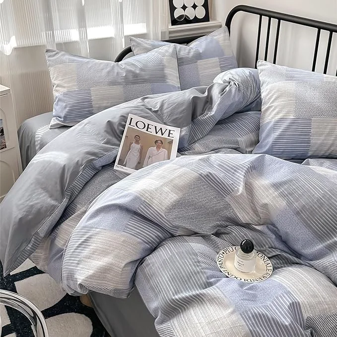 Durable HighBuy Blue Grey Comforter Set King Size Gingham Pattern Grid Checkered Patchwork Comforter Set 3 Pieces Buffalo Plaid Comforter Bedding Set with Checkered Pillowcases Fluffy Home Decor Original Design