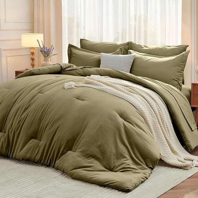 Versatile MUXHOMO 7 Pieces Queen Comforter Set Soft Bed in a Bag Queen Size All Season Bedding Set with Comforter Flat Sheet Fitted Sheet Pillowcases amp Shams Olive Green Fast