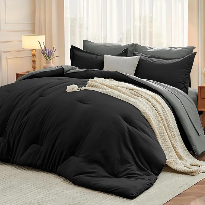 Superior MUXHOMO 7 Pieces Queen Comforter Set Soft Bed in a Bag Queen Size All Season Bedding Set with Comforter Flat Sheet Fitted Sheet Pillowcases amp Shams Black amp Grey Comfortable