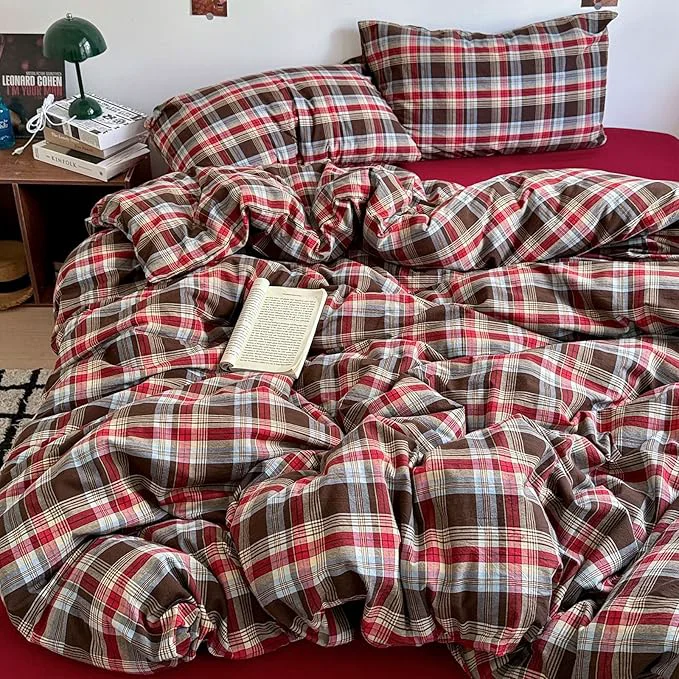 Premium Material HighBuy Red Gingham Plaid Comforter Set King Modern Style Fluffy Soft Grid Bed Comforter Luxury Gingham Bedding Set 3 Pieces Farmhouse Plaid Checkered Comforter Set with 2 Pillowcases First-Class