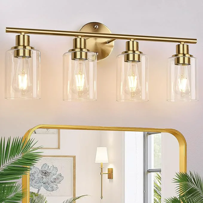 Unique 4-Light Bathroom Light Fixtures Brushed Gold Modern Vanity Lights Over Mirror Luxury