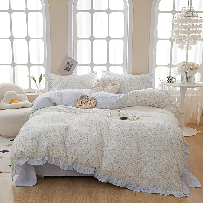 Advanced HighBuy Ruffle Floral Comforter Set Queen Blue Flower Coquette Bedding Comforter Romantic Lace Floral Comforter Set Fluffy Boho Bedding Comforter Sets 1 Ruffled Comforter with 2 Lace Pillowcases Modern