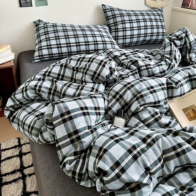 Top-Quality HighBuy Queen Comforter Set Grey Gingham Bedding Comforter with 2 Pillowcases Modern Chic Grid Plaid Comforter Set 3 Pieces Fluffy Comfortable Soft Gingham Plaid Bedding Set Queen High-Quality