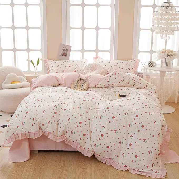 User-Friendly HighBuy Strawberry Print Comforter Set Twin XL White Pink Ruffle Strawberry Bedding Set for Toddler Baby Girls Boy Ruffle Comforter with 2 Pillowcases Fluffy Cute Bedding Comforters Twin Optimized