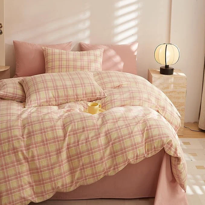 Exclusive HighBuy Blush Pink Gingham Comforter Twin XL Size Fluffy Plaid Checkered Pattern Comforter with 2 Pillowcases for Teen Girls Geometric Grid Printed Gingham Bedding Comforter Set Luxury Soft Clean
