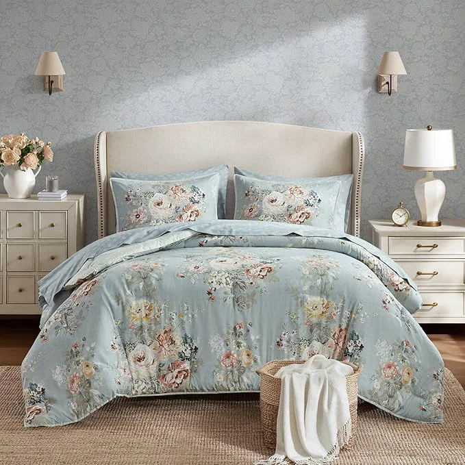 Traditional Madison Park Essentials Floral Comforter Set Queen Size Vintage Flower Bedding Set with Sheet Set 7 Pieces Bed in a Bag with Reversible Botanical Comforter Pillowcases amp Shams Heather Soft Blue Exclusive