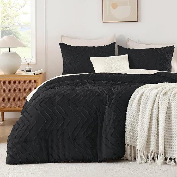 Green Andency Black California King Comforter Set Boho Cal King Soft Warm Tufted Neutral Bedding Comforter Sets 3 Pieces Cali King Aesthetic Chevron Farmhouse Cute Bohemian Textured Bedding Set Fast