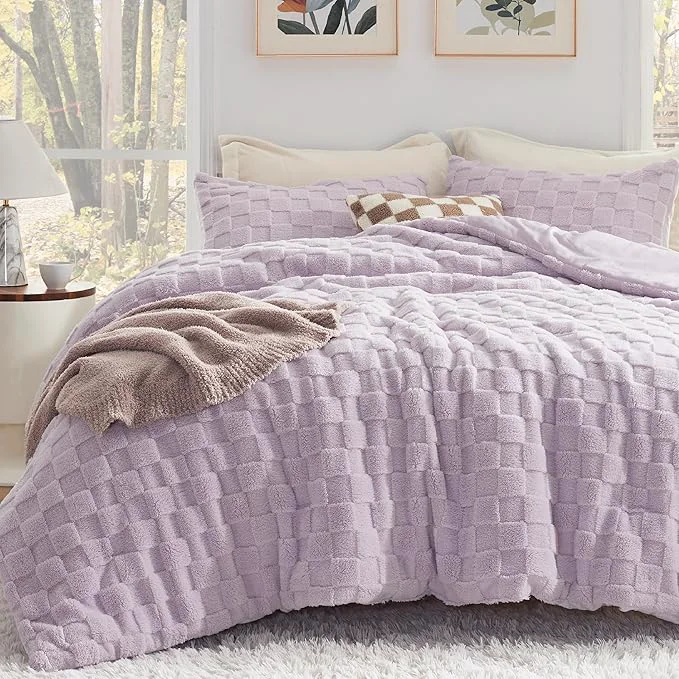Certified Bedsure Queen Fluffy Comforter Set Light Purple Plush Fleece Bed Set Checkered Farmhouse Boho Soft Warm Bedding for Winter 3 Pieces 1 Comforter 90 quot x90 quot and 2 Pillowcases 20 quot x26 quot Long-Lasting