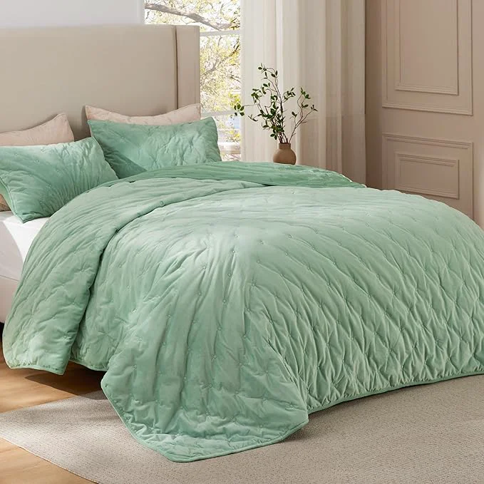 Carefully Designed Bedsure Velvet Fleece Comforter Set King Sage Green Lightweight Quilted Bedding Set Soft Warm Blanket for All Season 3 Pieces 1 Comforter 104 quot x 90 quot and 2 Pillow Shams 20 quot x 36 quot High-Quality