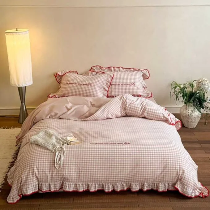Recyclable CRUSHIMO Morning Mist Gingham Washed Cotton Duvet Cover Set – Shabby Chic Gingham Plaid Bedding with Ruffle Trim amp Triangle Stitching – Ultra Soft Breathable Comforter Cover Blush Milk King High-Grade