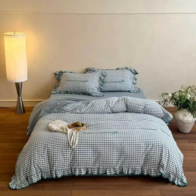 Flexible CRUSHIMO Morning Mist Gingham Washed Cotton Duvet Cover Set – Shabby Chic Gingham Plaid Bedding with Ruffle Trim amp Triangle Stitching – Ultra Soft Breathable Comforter Cover Sea Salt Blue Queen Professional