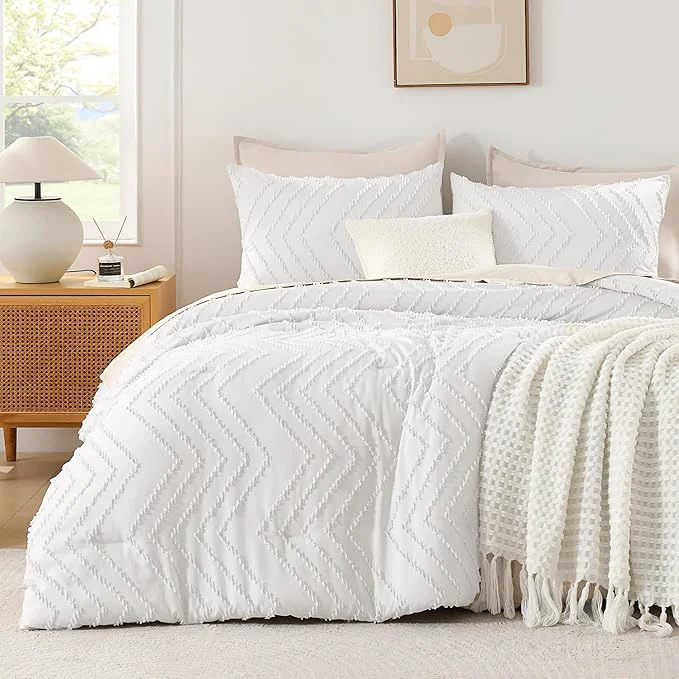 Premium Andency White Comforter King Size Boho Soft Fluffy Warm Lightweight Bedding Comforter Sets for King Bed 3 Pieces Chevron Tufted Aesthetic Microfiber Lightweight Comforter Set Certified