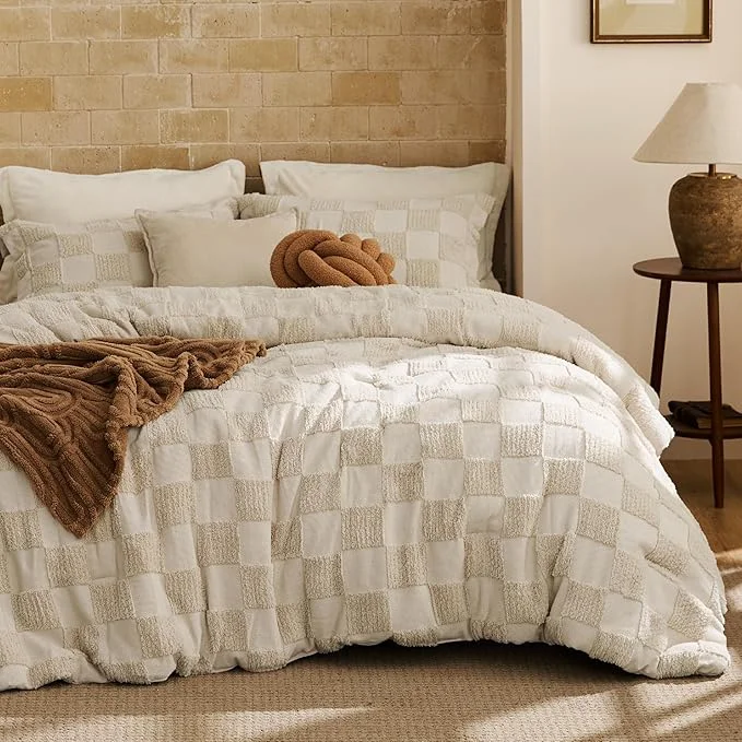 Artisan Bedsure Twin Twin XL Size Comforter Set Beige Boho Tufted Bed Set Checkered Farmhouse Shabby Chic Bedding 2 Pieces 1 Plaid Geometric Comforter and 1 Pillow Sham Quality