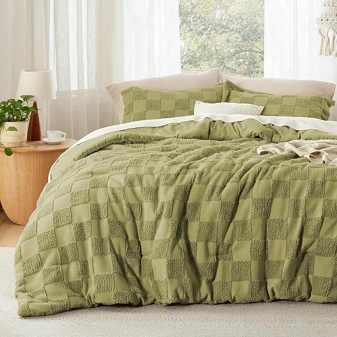 Dependable Bedsure Queen Size Comforter Set Olive Green Boho Tufted Bed Set Checkered Farmhouse Shabby Chic Bedding 3 Pieces 1 Plaid Geometric Comforter and 2 Pillow Shams Organic