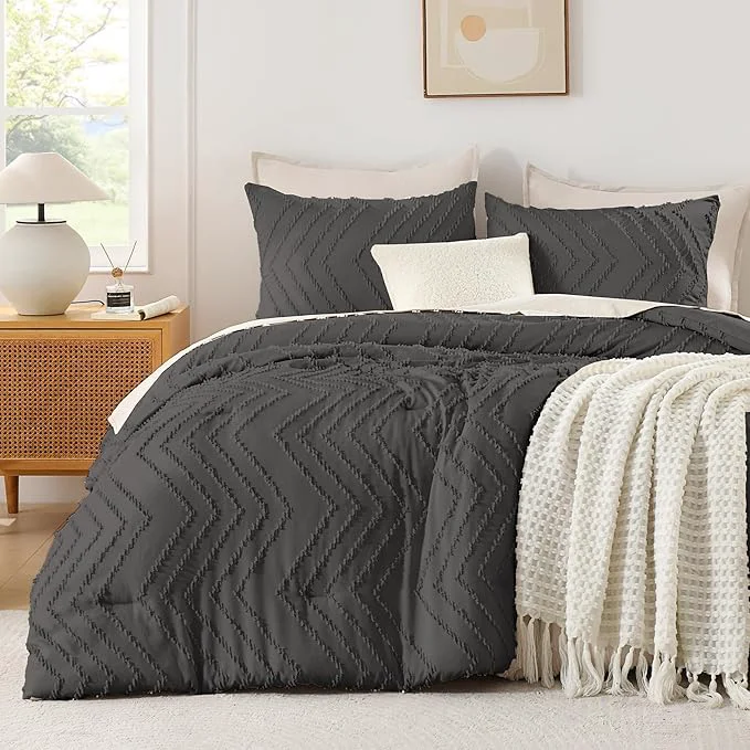 Classic Andency Dark Grey Comforter Set Full Size Boho Soft Warm Tufted Bedding Comforter Sets for Full Size Bed 3 Pieces Aesthetic Chevron Farmhouse Cute Bohemian Textured Bed Set Minimalist