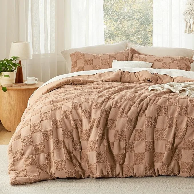Soft Bedsure Queen Size Comforter Set Taupe Boho Tufted Bed Set Checkered Farmhouse Shabby Chic Bedding 3 Pieces 1 Plaid Geometric Comforter and 2 Pillow Shams Consistent
