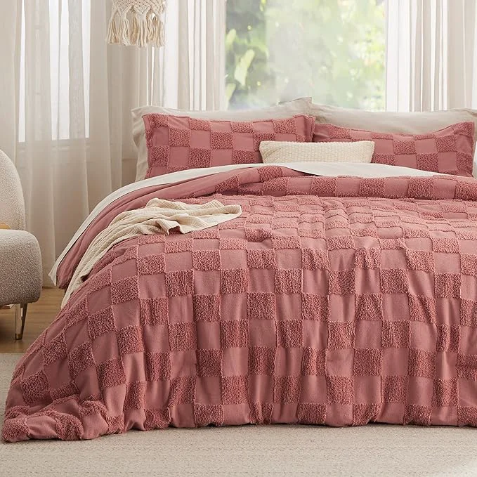 Detailed Bedsure Queen Size Comforter Set Grayish Pink Boho Tufted Bed Set Checkered Farmhouse Shabby Chic Bedding 3 Pieces 1 Plaid Geometric Comforter and 2 Pillow Shams Powerful