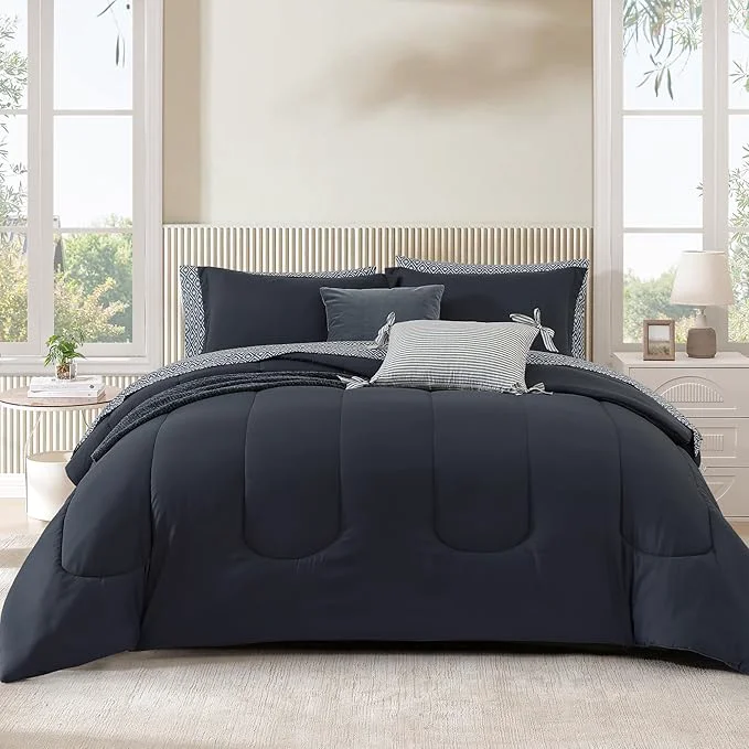 Proven Monbix Queen Comforter Set – 7 Pieces Blue Grey Bed in a Bag Queen Track Stitching Bedding Sets All Seasons Comforter Bed Set with Sheets Pillowcases amp Shams Original Design