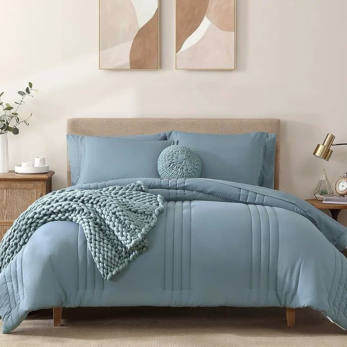 Contemporary Monbix Full Comforter Set – 7 Pieces Dusty Blue Bed in a Bag Full Size Bedding Sets with Comforters All Seasons Comforter with Sheets Pillowcases amp Shams First-Class