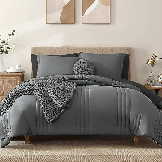 Sophisticated Monbix California King Size Comforter Set – 7 Pieces Bed in a Bag California King Grey Bedding Sets with Comforter All Seasons Comforter Bed Set with Sheets Pillowcases amp Shams Smooth