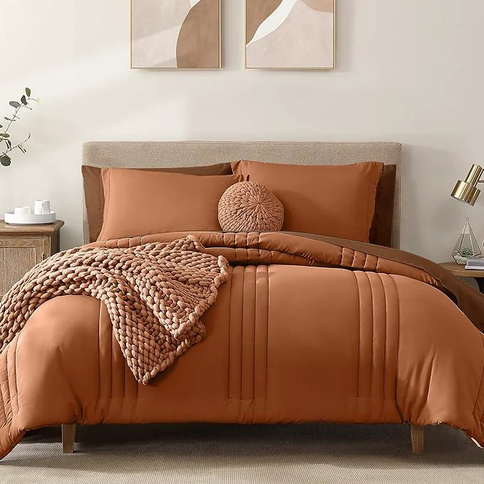 High-Quality Monbix Full Comforter Set – 7 Pieces Burnt Orange Bed in a Bag Full Size Bedding Sets with Comforters All Seasons Comforter with Sheets Pillowcases amp Shams Easy-to-Use