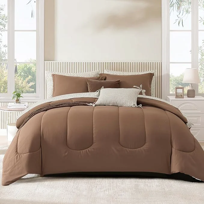Innovative Monbix King Size Comforter Set – 7 Pieces Bed in a Bag King Brown Track Stitching Bedding Sets All Seasons Comforter Bed Set with Sheets High-End