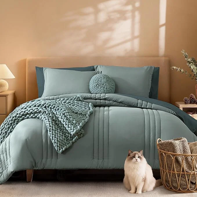 Recyclable Monbix California King Size Comforter Set – 7 Pieces Bed in a Bag California King Sage Green Bedding Sets All Seasons Comforter Bed Set with Sheets Pillowcases amp Shams Original