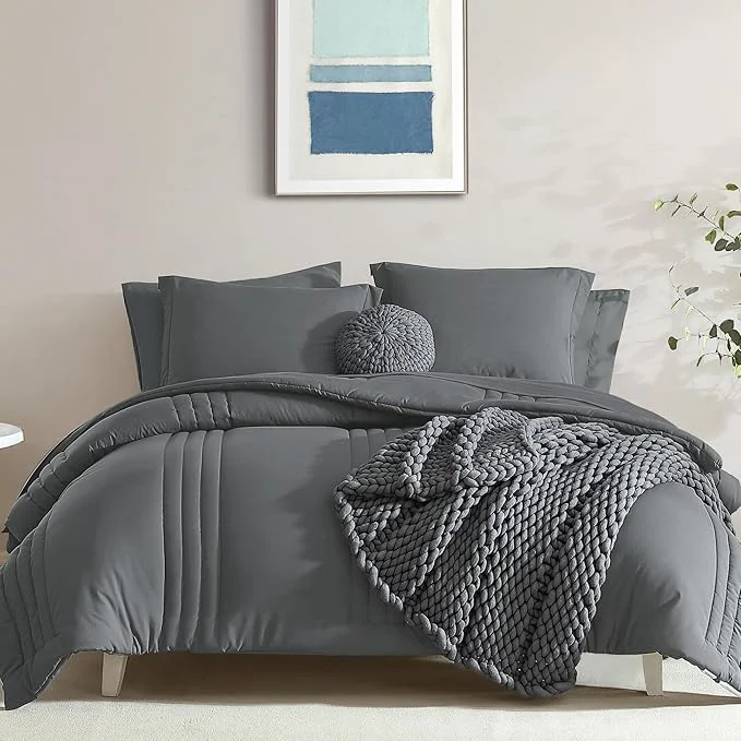 Flexible Monbix Super King Size Comforter Set – 7 Pieces Bright Gray Bed in a Bag Super King Bedding Sets with Comforters All Seasons Comforter Bed Set with Sheets Pillowcases amp Shams Premium