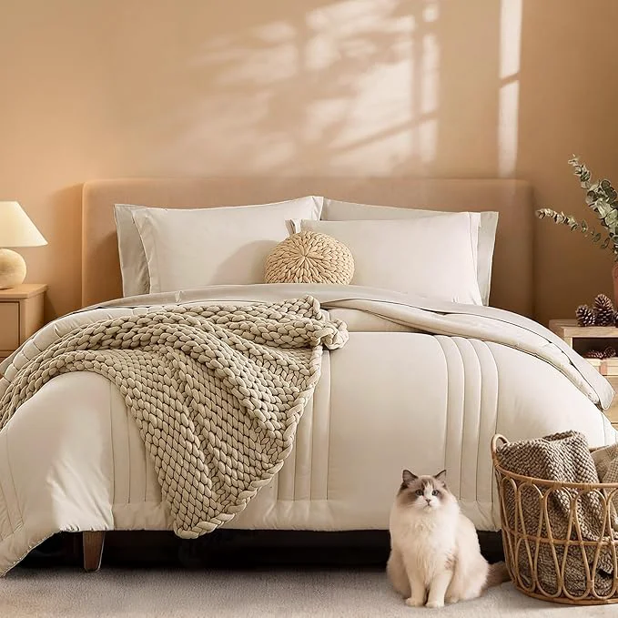 Contemporary Monbix Full Size Comforter Set – 7 Pieces Beige Bed in a Bag Full Size Bedding Sets with Comforters All Seasons Comforter with Sheets Pillowcases amp Shams Smooth