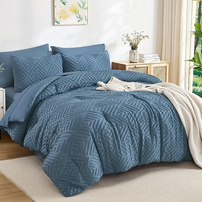 Classic Andency Queen Comforter Set 7 Piece Ocean Blue – Bed in a Bag Queen Boho Lightweight Fluffy Tufted Bedding Sets with Comforter Sheets Pillowcases amp Shams Fine Crafted