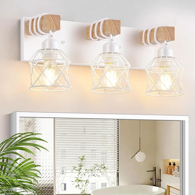 Selected FadimiKoo 3-Light Farmhouse White Bathroom Vanity Light Fixtures Rustic Wood Practical
