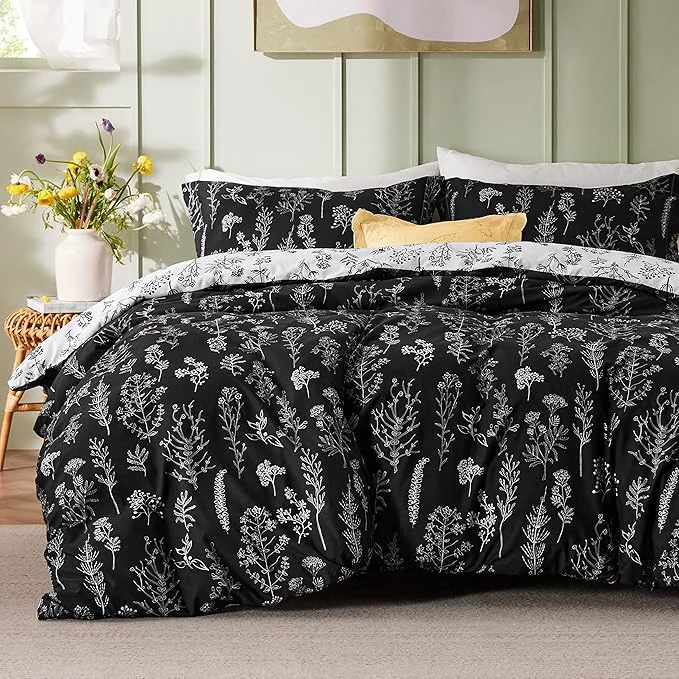 Quality Bedsure California King Comforter Set – Black Bed Set 3 Pieces Cute Floral Bedding 1 Soft Reversible Botanical Flowers Comforter and 2 Pillow Shams Prestigious