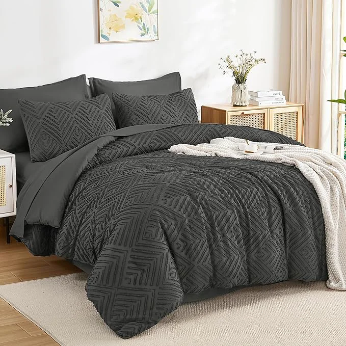 Elite Andency Oversized King Size Comforter Set 7 Pieces Dark Grey – Bed in a Bag Oversized King Boho Lightweight Fluffy Tufted Bedding Sets with Comforter Sheets Pillowcases amp Shams Professional