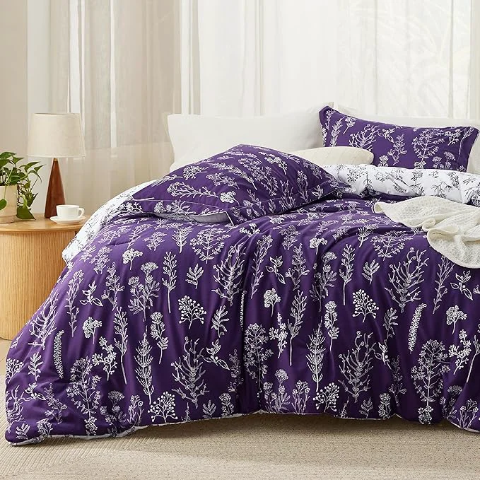 Crafted Bedsure King Comforter Set – Dark Purple Bed Set 3 Pieces Cute Floral Bedding 1 Soft Reversible Botanical Flowers Comforter and 2 Pillow Shams Traditional