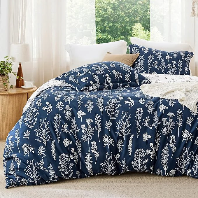 Smart Bedsure Full Comforter Set – Navy Bed Set 3 Pieces Cute Floral Bedding 1 Soft Reversible Botanical Flowers Comforter and 2 Pillow Shams Sustainable