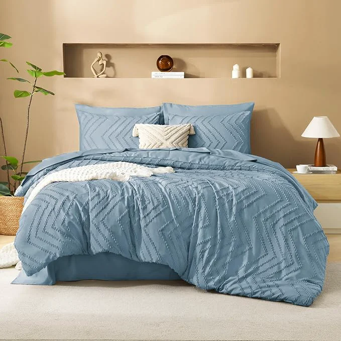 Trusted Litanika Grayish Blue Full Size Comforter Set with Sheets – 7 Pieces Bed in a Bag Full Chevron Tufted Complete Bedding Sets with Comforter Sheets Pillowcases amp Shams Functional