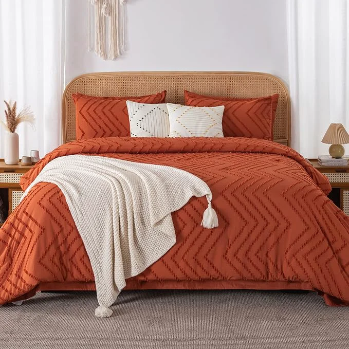 Relaxed Litanika Full Size Comforter Set with Sheets Burnt Orange – 7 Pieces Bed in a Bag Full Terracotta Boho Tufted Complete Bedding Sets Rust Bed Set with Comforter Sheets Pillowcases amp Shams Green