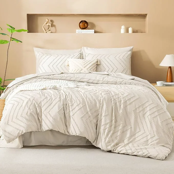 Environmentally Friendly Litanika Full Size Comforter Set with Sheets Beige – 7 Pieces Bed in a Bag Full Boho Tufted Complete Bedding Sets with Comforter Sheets Pillowcases amp Shams Official