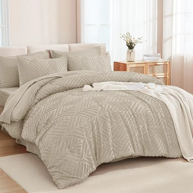Versatile Andency Queen Size Comforter Set 7 Piece Oatmeal – Bed in a Bag Queen Boho Lightweight Fluffy Tufted Bedding Sets with Comforter Sheets Pillowcases amp Shams Breathable