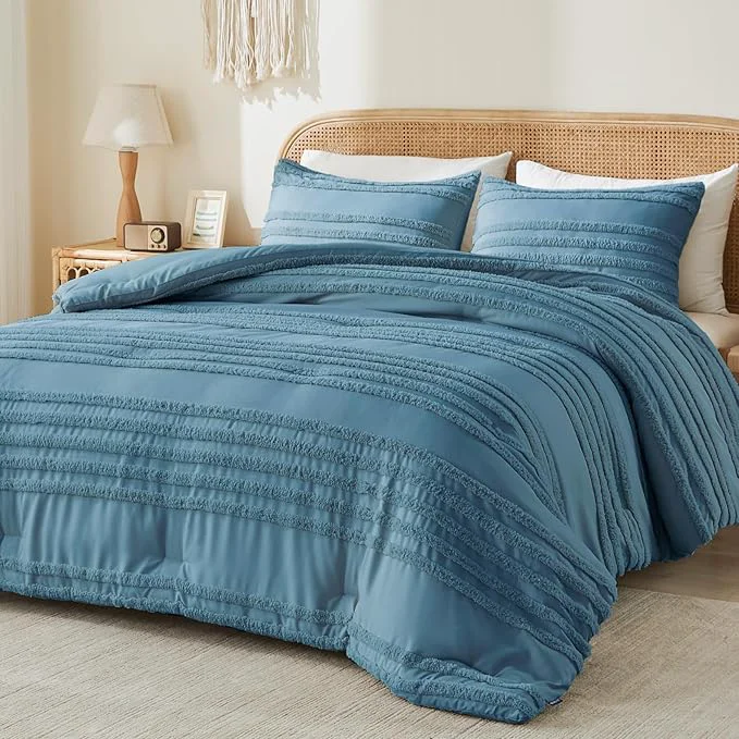 Sustainable BEDELITE Boho Comforter Set Queen Size Dusty Blue Tufted Striped Bed Set 3 Pieces Soft Vintage Farmhouse Comforter for All Seasons Boho Home Decor Fluffy Jacquard Bedding with 2 Pillow Shams High-Quality