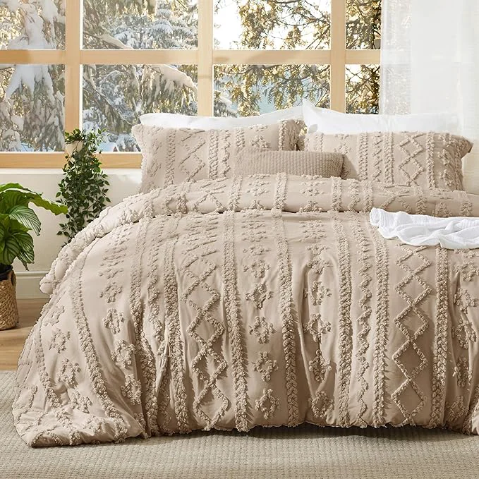 Efficient Bedsure Tufted Boho Comforter Set Full Size – Khaki Boho Bed Set GentleSoft™ 3 Pieces Farmhouse Shabby Chic Embroidery Bedding Gifts for Woman Soft Jacquard Full Comforter for All Seasons World-Class