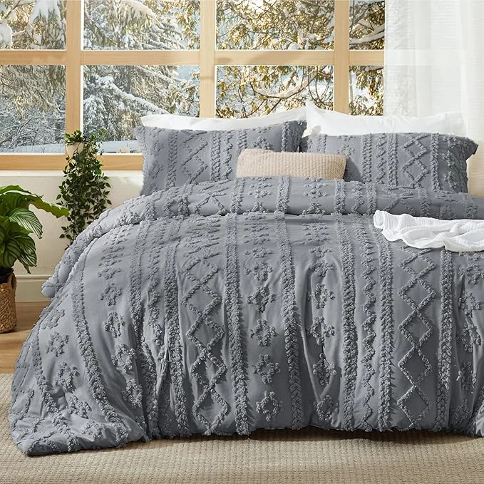 Professional Bedsure Tufted Boho Comforter Set California King Size – Grey Boho Bed Set GentleSoft™ 3 Pieces Farmhouse Shabby Chic Embroidery Bedding Gifts for Woman Soft Jacquard Comforter for All Seasons Sustainable