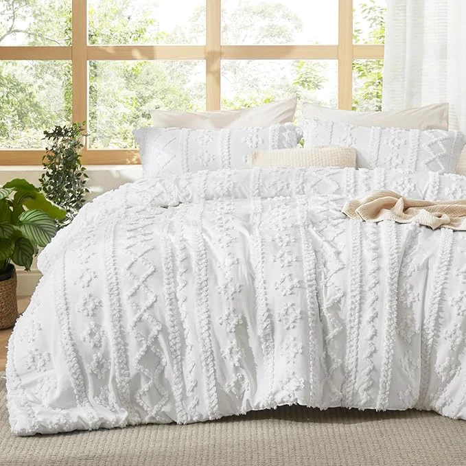 Organic Bedsure Tufted Boho Comforter Set Oversized King – Bright White Boho Bed Set GentleSoft™ 3 Pieces Farmhouse Shabby Chic Embroidery Bedding Gifts for Woman Soft Jacquard Comforter for All Seasons Refined