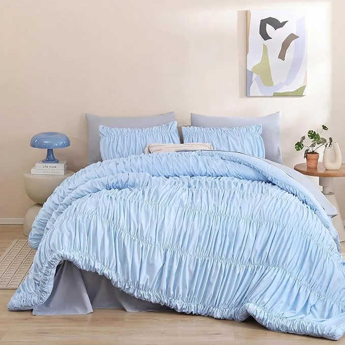 Fast weigelia Cinched Comforter Set Full – Soft Ruched Bedding Set 3PCS Light Blue All-Season Fluffy Lightweight Comforter with Pillowcases for Bedroom Apartment amp Dorm Decor Healthy