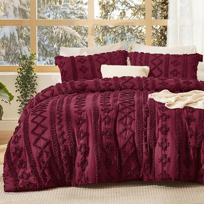 Clean Bedsure Tufted Boho Comforter Set Queen Size – Burgundy Boho Bed Set GentleSoft™ 3 Pieces Farmhouse Shabby Chic Embroidery Bedding Gifts for Woman Soft Jacquard Queen Comforter for All Seasons Minimalist