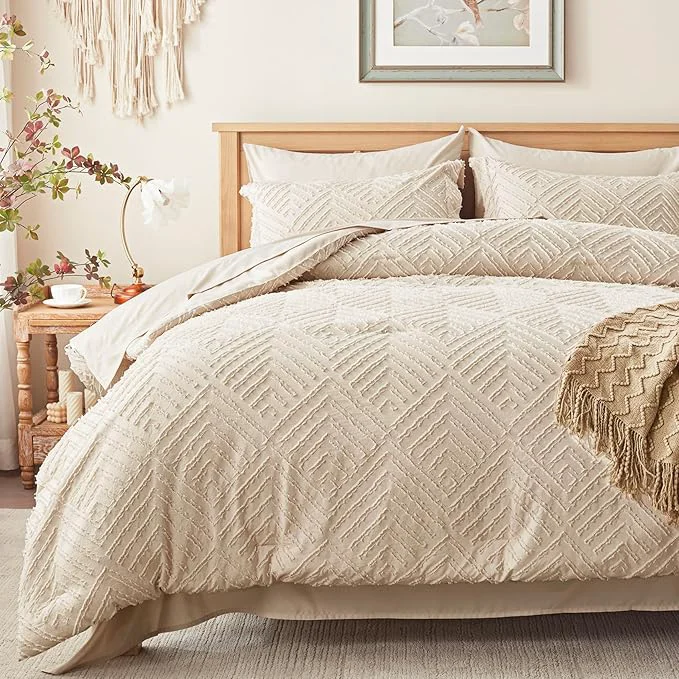 Modern Zzlpp Full Comforter Set 7 Pieces Beige Tufted Bed in a Bag with Comforter and Sheets All Season Boho Bedding Sets with 1 Comforter 2 Pillow Shams 2 Pillowcases 1 Flat Sheet 1 Fitted Sheet Traditional