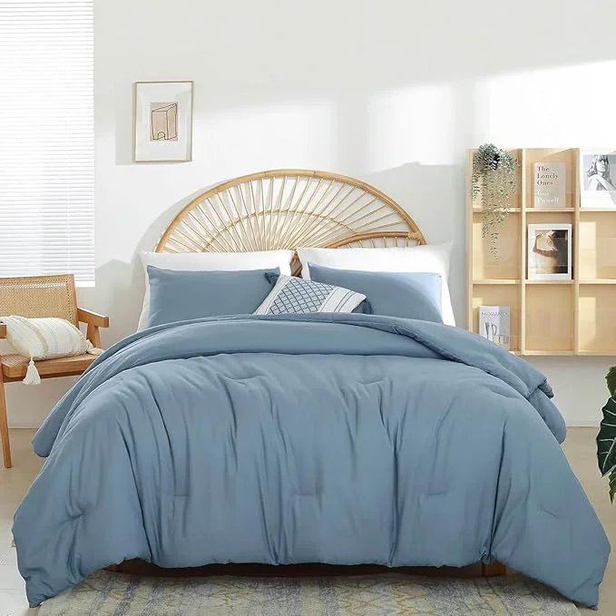 Safe weigelia Dusty Blue Comforter Queen Size 3PCS Bed Comforter with 2 Pillowcases – Ligtweight Soft Solid Blue All Season Queen Comforter Bed Set – Boho Aesthetic Bedding Set for Men and Women Original