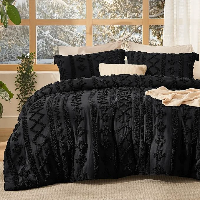 Certified Bedsure Tufted Boho Comforter Set Oversized King – Black Boho Bed Set GentleSoft™ 3 Pieces Farmhouse Shabby Chic Embroidery Bedding Gifts for Woman Soft Jacquard Comforter for All Seasons Outstanding