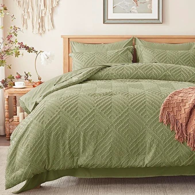 Stylish Zzlpp Twin Comforter Set 5 Pieces Army Green Tufted Bed in a Bag with Comforter and Pillowcase All Season Boho Bedding Sets with 1 Comforter 1 Pillow Sham 1 Flat Sheet 1 Fitted Sheet Trendy